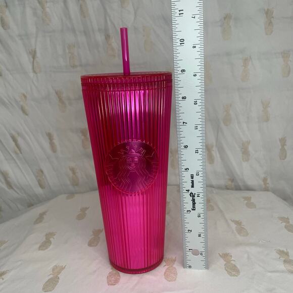 Starbucks Summer 2023 Pleated Neon Magenta Pink 24 oz cold cup tumbler NEW STRAW - Picture 5 of 5
